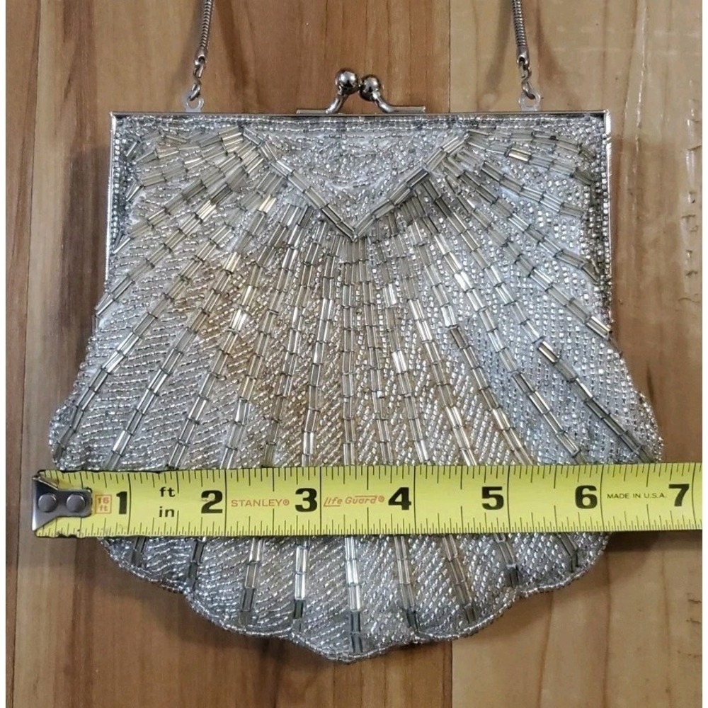 Silver Beaded Evening Clutch Purse Bag Crossbody Kiss Lock Retro Art Deco Style - Picture 3 of 8
